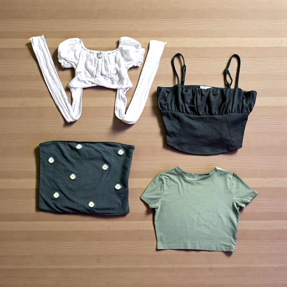 4 Piece Junior Teen M Trendy Crop‎ Top Set White Black Green Daisy Tube Top Tees
